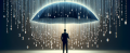Mężczyzna stojący pod parasolem chroniącym go przed "deszczem danych" — grafika z oprogramowania opartego na sztucznej inteligencji