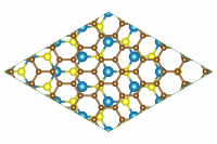 Geometria struktury dwuwymiarowej grafen/MoS2 badanej w pracy (zielona ramka oznacza granice superkomórki periodycznej) Geometria struktury dwuwymiarowej grafen/MoS2 badanej w pracy (zielona ramka oznacza granice superkomórki periodycznej)