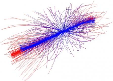 Porównanie wizualizacji przy zastosowaniu uproszczonego (czerwony) i dokładnego (niebieski) modelu pola magnetycznego. 