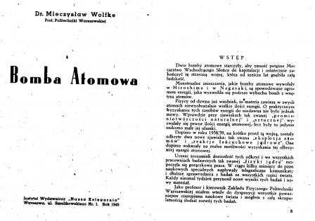 Rys. 15. Pierwsze strony broszury profesora Wolfkego, "Bomba Atomowa"