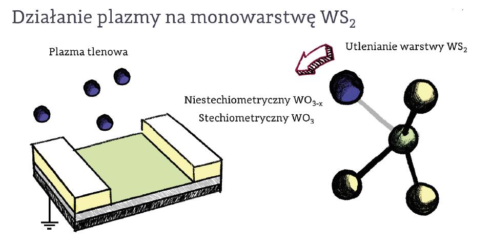 Działanie plazmy na monowarstwę WS2 — rysunek uproszczony, schematyczna prezentacja procesu
