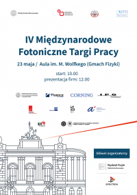Plakat promujący IV edycję Międzynarodowych Fotonicznych Targów Pracy na Wydziale Fizyki PW